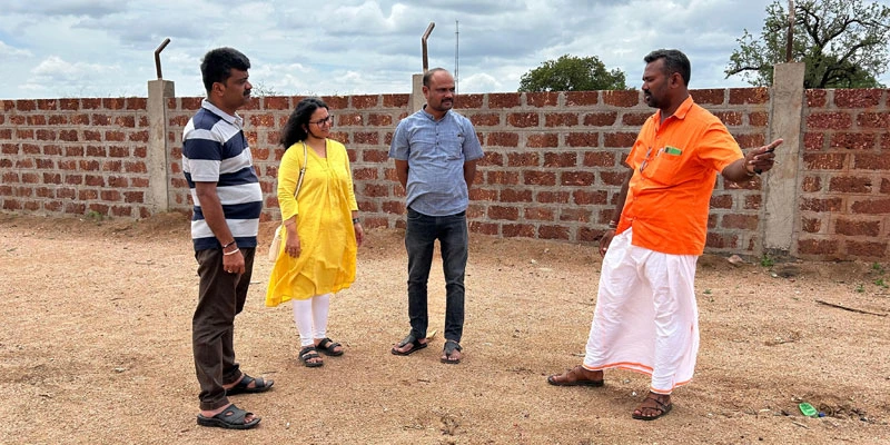 From left: Nithyananda Rao S (Finance & HR Manager, Kalike); Samidha Shetty (Grant Finance, Tata Trusts); Shivakumar Yadav (Programme Officer, Tata Trusts); and Hanumantappa Madar (President, SDMC, Vanageri Government Higher Primary School) during a field monitoring visit to Vanageri.