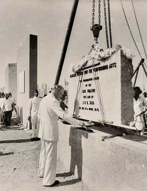 JRD Tata at the foundation stone laying ceremony of the Tata Theatre at NCPA, 1976  Photo Courtesy: NCPA Library, Photograph Collection 