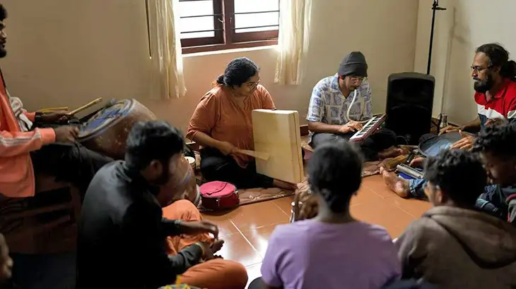 Charu Hariharan, percussionist, singer, composer and a mentor in a training session with the fellows. | Photo Credit: Courtesy Arpo Charu Hariharan, percussionist, singer, composer and a mentor in a training session with the fellows. | Photo Credit: Courtesy Arpo