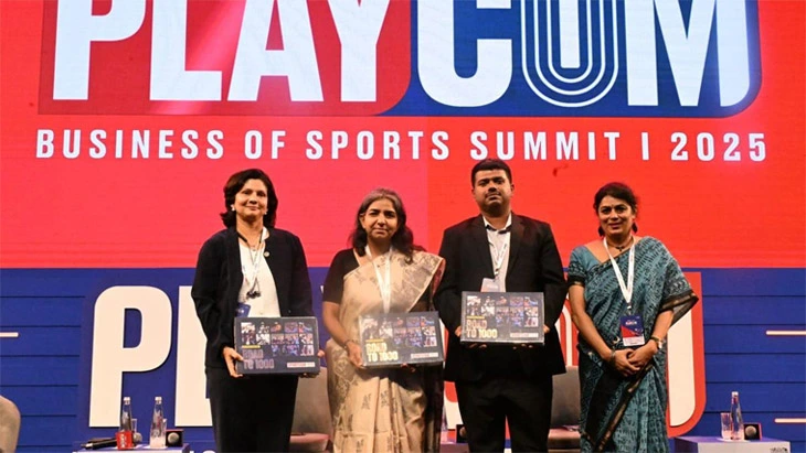  Panellists at PlayCom 2025: Neelam Babardesai (Head of Sports, Tata Trusts), Anupam Nidhi (CSR Head, Vedanta & Hindustan Zinc), Prijoe Tharu (Associate General Manager, HCL Foundation), with moderator Chitra Narayanan (The Hindu Businessline). | Photo Credit: SUSHIL KUMAR VERMA 