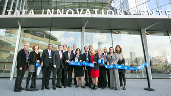 Cornell leaders, a team from Tata Consultancy Services and New York City officials cut the ribbon in 2017 to celebrate the naming of the Tata Innovation Center on the Cornell Tech campus on Roosevelt Island in New York City.