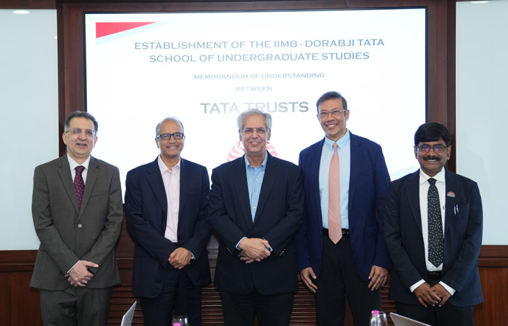 From L to R: Mr Siddharth Sharma, CEO, Tata Trusts; Dr Devi Shetty, Chairman, Board of Governors, IIMB; Mr Noel Tata, Chairman, Tata Trusts; Mr Sonjoy Chatterjee, Member, Board of Governors, IIMB; and Prof. U Dinesh Kumar, Director in-charge, IIMB.