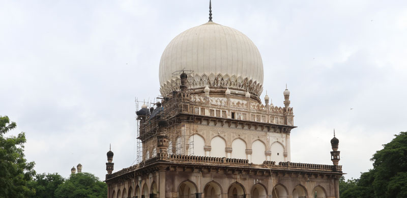 Exterior façade of the Tomb of Abdullah Qutb Shah with scaffolding in place