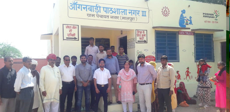 Anganwadi workers and community members at the educational centre in Malpura