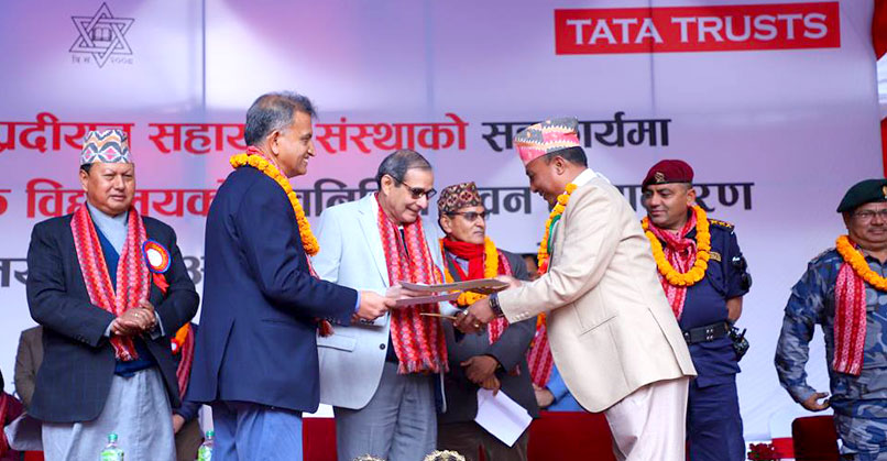 BS Taraporevala, Senior Advisor, Tata Trusts, receiving the handover letter from the Chairman of the Shree Sharada Secondary School Management Committee, in the presence of the Chief District Officer of Sindhupalchowk; Mohan Bahadur Basnet, former Minister for Information and Communications, the Government of Nepal; and Sambhu P Dahal, Director, Sipradi Companies