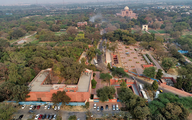 Aerial view of the Humayun’s Tomb complex, with the site museum in the foreground, and the restored Humayun’s Tomb in the background.
