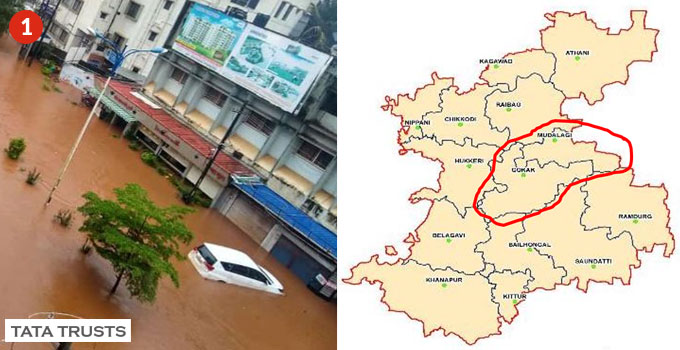 Devastated by floods in 2019, Karnataka was facing a grave humanitarian crisis. Lives were lost, houses damaged and arable land was under water. Domestic animals were missing or dead, and the state faced heavy damage to infrastructure. In the immediate aftermath, a flood response team, comprising employees from Titan, Tata Trusts and Kalike, was deputed to assess the ground situation in Belgaum, one of the hardest hit districts in the state, and to identify the most essential relief measures. Devastated by floods in 2019, Karnataka was facing a grave humanitarian crisis. Lives were lost, houses damaged and arable land was under water. Domestic animals were missing or dead, and the state faced heavy damage to infrastructure. In the immediate aftermath, a flood response team, comprising employees from Titan, Tata Trusts and Kalike, was deputed to assess the ground situation in Belgaum, one of the hardest hit districts in the state, and to identify the most essential relief measures.
