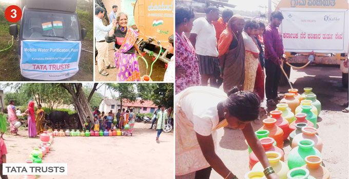Two mobile reverse osmosis (RO) plants were set up to distribute purified water in two of the most affected blocks — Gokak and Mudalagi. A mobile water purification unit was also pressed into service. Community support was quickly mobilised for transportation, water source identification and other technical services. A local church stepped up to provide the essential power supply. 3,94,600 litres of water was distributed to provide succour to about 1,800 families across 4 villages. Two mobile reverse osmosis (RO) plants were set up to distribute purified water in two of the most affected blocks — Gokak and Mudalagi. A mobile water purification unit was also pressed into service. Community support was quickly mobilised for transportation, water source identification and other technical services. A local church stepped up to provide the essential power supply. 3,94,600 litres of water was distributed to provide succour to about 1,800 families across 4 villages.