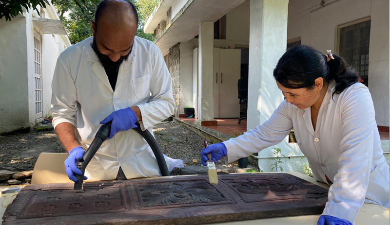Participants using vacuum cleaner and soft bristle brush to remove superficial dust from a wooden panel
