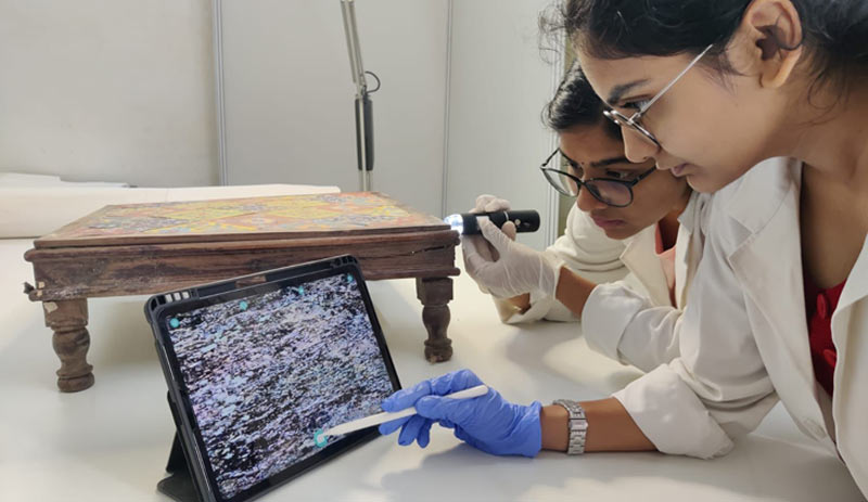 Participants analysing the cross-section of a wooden artefact in an attempt to identify the species of wood