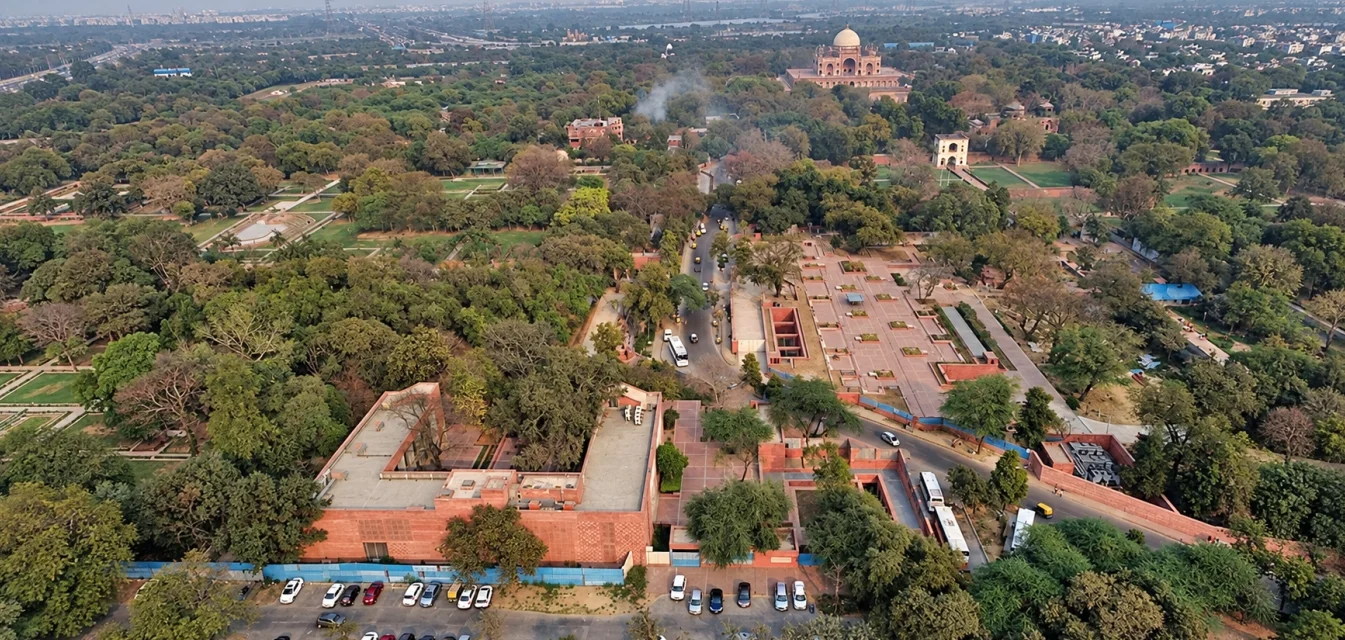 Aerial view of the Humayun’s Tomb complex, with the site museum in the foreground, and the restored Humayun’s Tomb in the background.