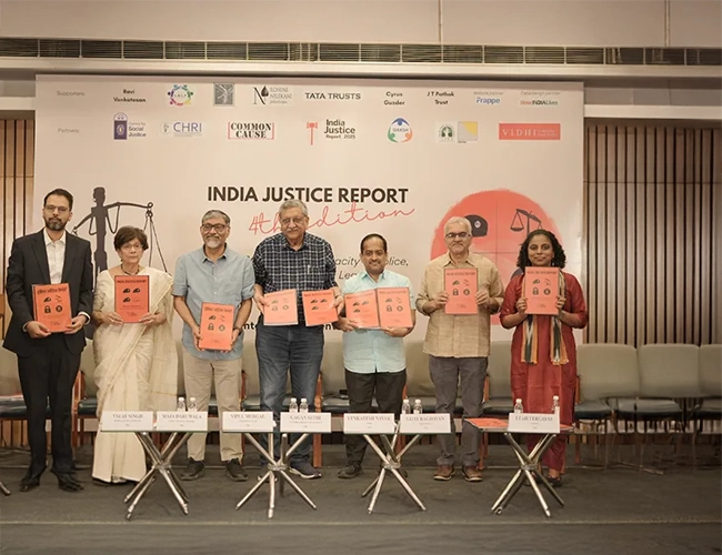 At the launch of the India Justice Report on 15 April, 2025, from left to right: Valay Singh, Lead – India Justice Report; Maja Daruwalla, Chief Editor – India Justice Report; Dr Vipul Mudgal, Director – Common Cause; Gagan Sethi, Co-founder – Centre for Social Justice; Venkatesh Nayak, Director – CHRI; Prof Vijay Raghavan, TISS-Prayas; and Leah Verghese, Research Manager – Daksh