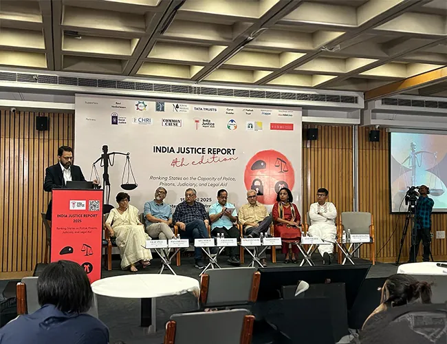 At the launch of the India Justice Report on 15 April, 2025, from left to right: Valay Singh, Lead – India Justice Report; Maja Daruwalla, Chief Editor – India Justice Report; Dr Vipul Mudgal, Director – Common Cause; Gagan Sethi, Co-founder – Centre for Social Justice; Venkatesh Nayak, Director – CHRI; Prof Vijay Raghavan, TISS-Prayas; and Leah Verghese, Research Manager – Daksh; Dr Arghya Sengupta, Founder – Vidhi Centre for Legal Policy