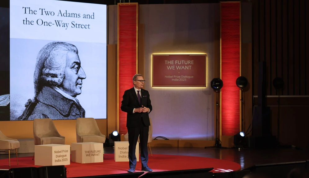 Nobel Laureate James Robinson shares insights on “The Origins of Prosperity and Progress”, inspiring audiences to rethink pathways to a fair and prosperous future at the Nobel Prize Dialogue India 2025.