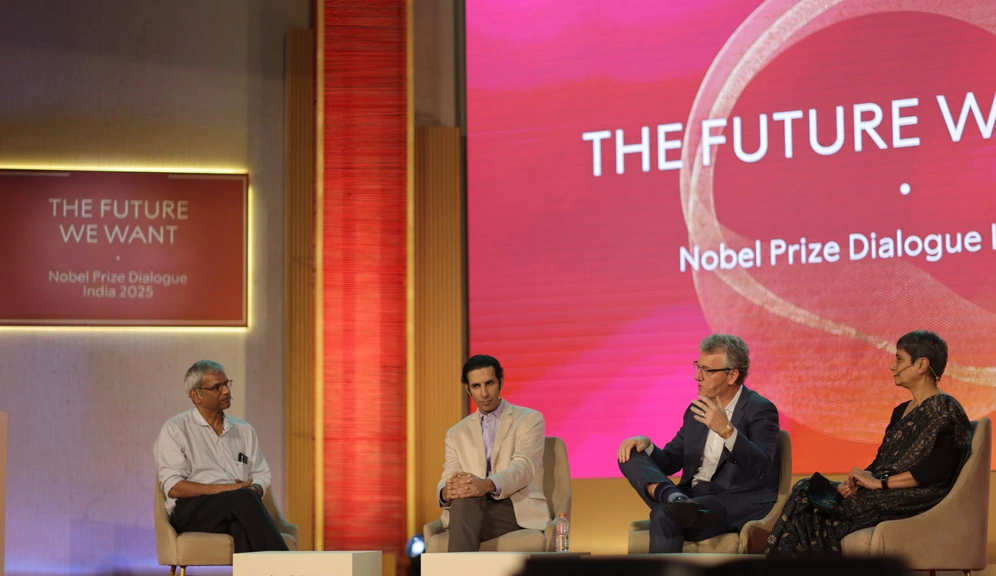 In a session moderated by Jayaram Chengalur, director, Tata Institute of Fundamental Research, (from left) Gagandeep Kang, microbiologist; Kush Parmar, biotech entrepreneur and managing partner, 5AM Ventures; and David MacMillan, Nobel Laureate, chemistry 2021, discuss “Breakthroughs in Science and Technology that will Transform Health and Sustainability” at the Nobel Prize Dialogue India 2025.
