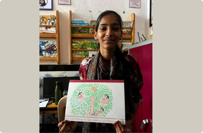 Gulnar, 17, draws her dream future — education, flying planes, and a greener world.