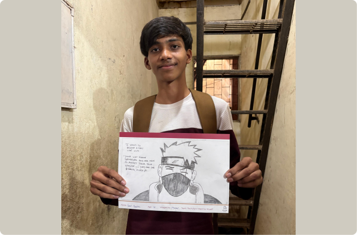 Sami, 16, pours his hopes into the character of Kakashi, a hero who rises above hardship with kindness and strength. Sami shared his belief that a compassionate, understanding and forgiving society (that mirror's Kakashi's character) can shape a better future. His artwork reflects the person he hopes to become and the world he wishes to see.