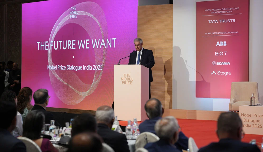 Noel Tata, Chairman, Tata Trusts, delivers the opening address, marking the start of the Nobel Prize Dialogue India 2025 in Mumbai.