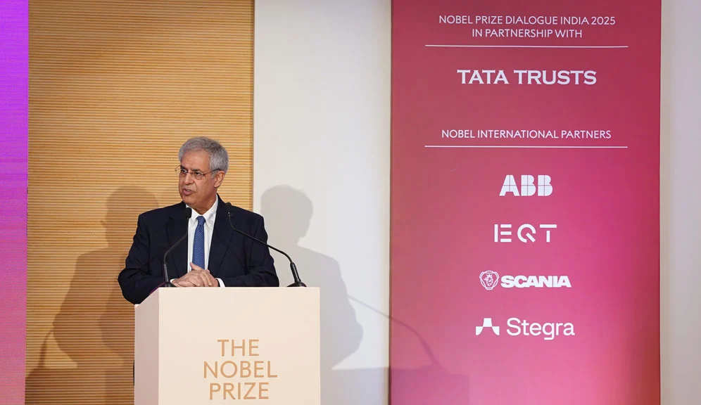 Noel Tata, Chairman, Tata Trusts, delivers the opening address, marking the start of the Nobel Prize Dialogue India 2025 in Mumbai.