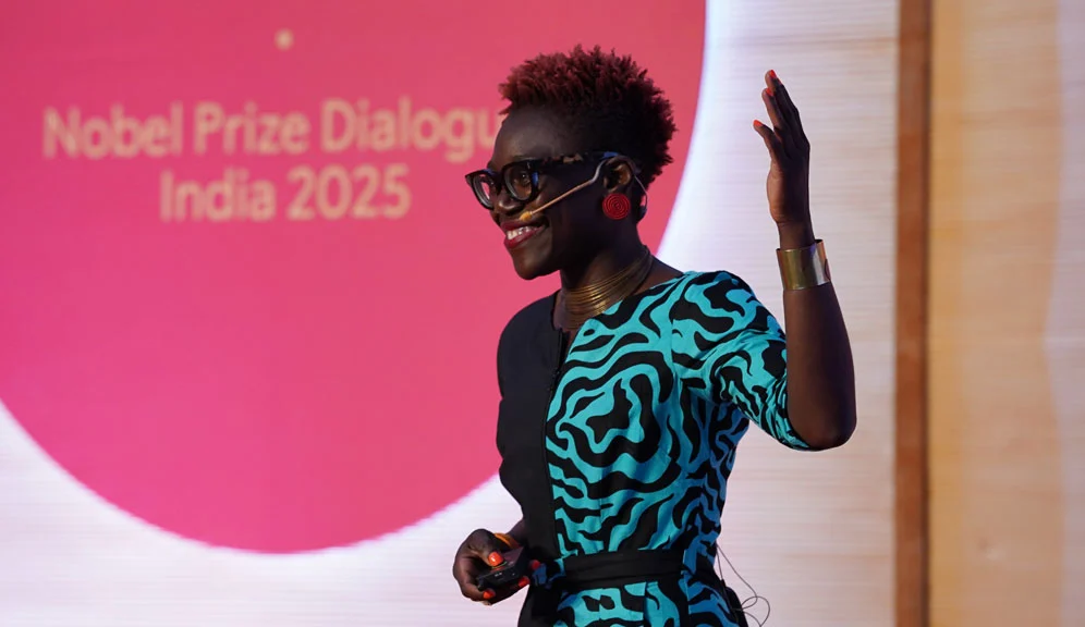 Tolullah Oni, scientist and epidemiologist, delivers a talk on “Healthy Cities as Foundations of Prosperity” at the Mumbai edition of the Nobel Prize Dialogue India 2025.