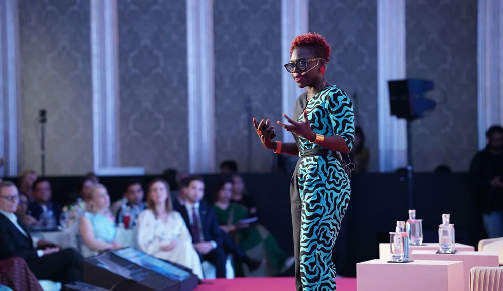 Tolullah Oni, scientist and epidemiologist, delivers a talk on “Healthy Cities as Foundations of Prosperity” at the Mumbai edition of the Nobel Prize Dialogue India 2025.