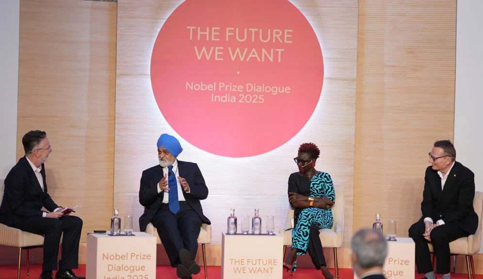 In a session moderated by Owen Gaffney, chief impact officer, Nobel Prize Outreach (extreme left), the first panel discussion, “The Megatrends Shaping the World – Navigating the Next Decade”, brought together (from left) Montek Singh Ahulwalia, economist; Tolullah Oni, scientist and epidemiologist; and James Robinson (Nobel Laureate in economic sciences 2024).