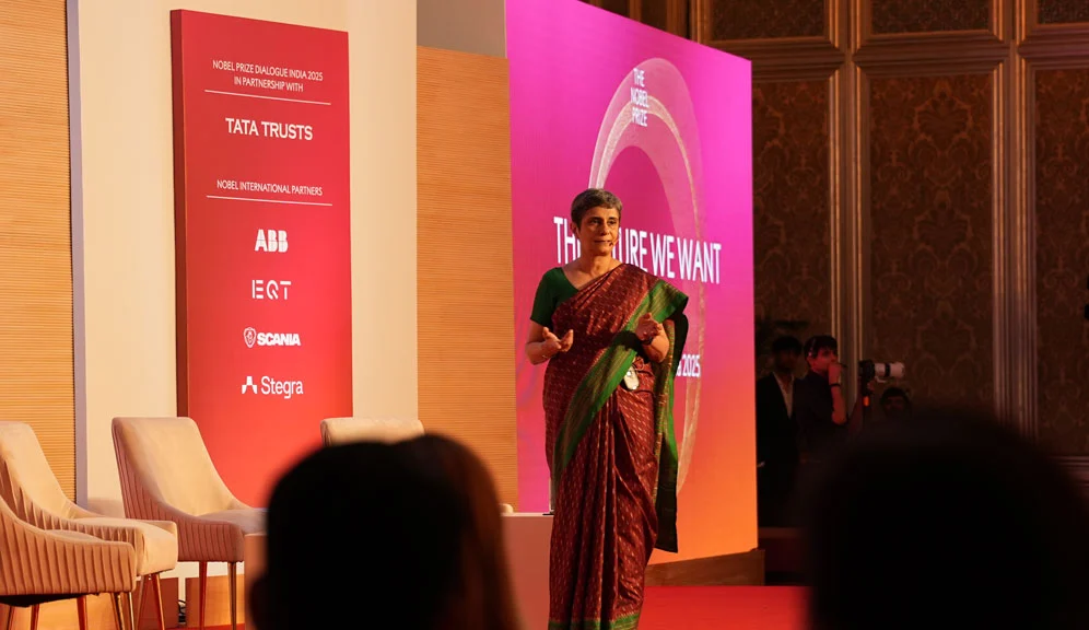 Gagandeep Kang, a microbiologist, speaks on “Investing in Global Health”, highlighting pathways to equity and resilience at the Mumbai edition of the Nobel Prize Dialogue India 2025.