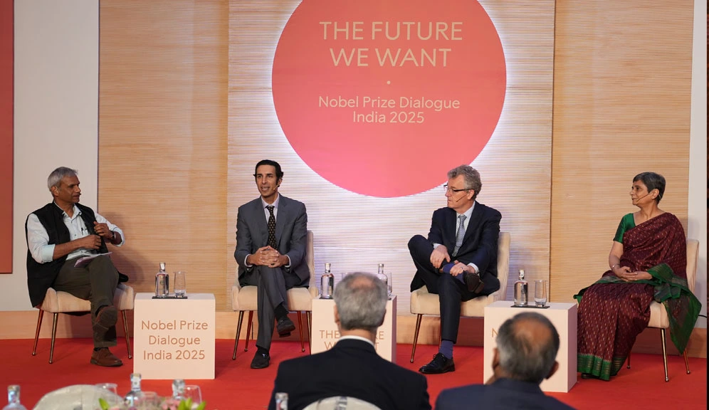 In the second session moderated by Jayaram Chengalur, TIFR, (from left) Gagandeep Kang, microbiologist; Kush Parmar, biotech entrepreneur and David MacMillan, Nobel Laureate (chemistry 2021), discuss “Breakthroughs in Science and Technology That Will Transform Health and Sustainability.”
The panel explored cutting-edge innovations shaping the future of health and environmental resilience.