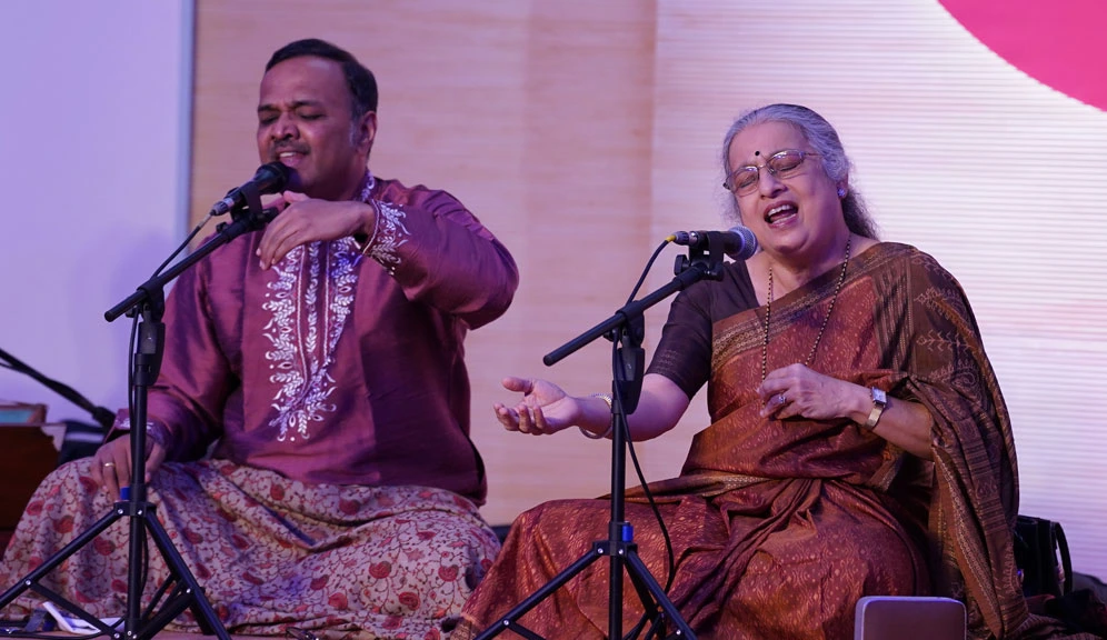 Padma Shri Pt Sanjeev Abhyankar and Padma Shri Dr Ashwini Bhide-Deshpande present a soulful Hindustani classical recital, accompanied by their troupe, at the Nobel Prize Dialogue India 2025 in Mumbai.