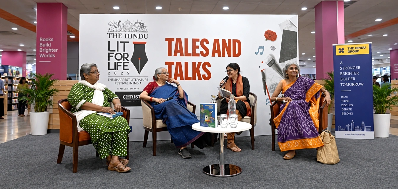 Author Shailaja Menon, journalist-writer Sandhya Rao, Radhika Menon, founder of Tulika Books, and Amrita Patwardhan, who moderated the session, at the event held on Sunday. | Photo Credit: M. VEDHAN 