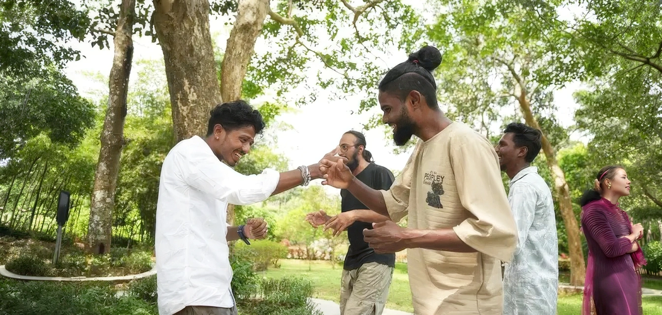 The Earthlore fellows rehearsing; Parvinder Singh (in black T-shirt) is one of the two non-tribal fellows in the band. | Photo Credit: Courtesy Arpo
