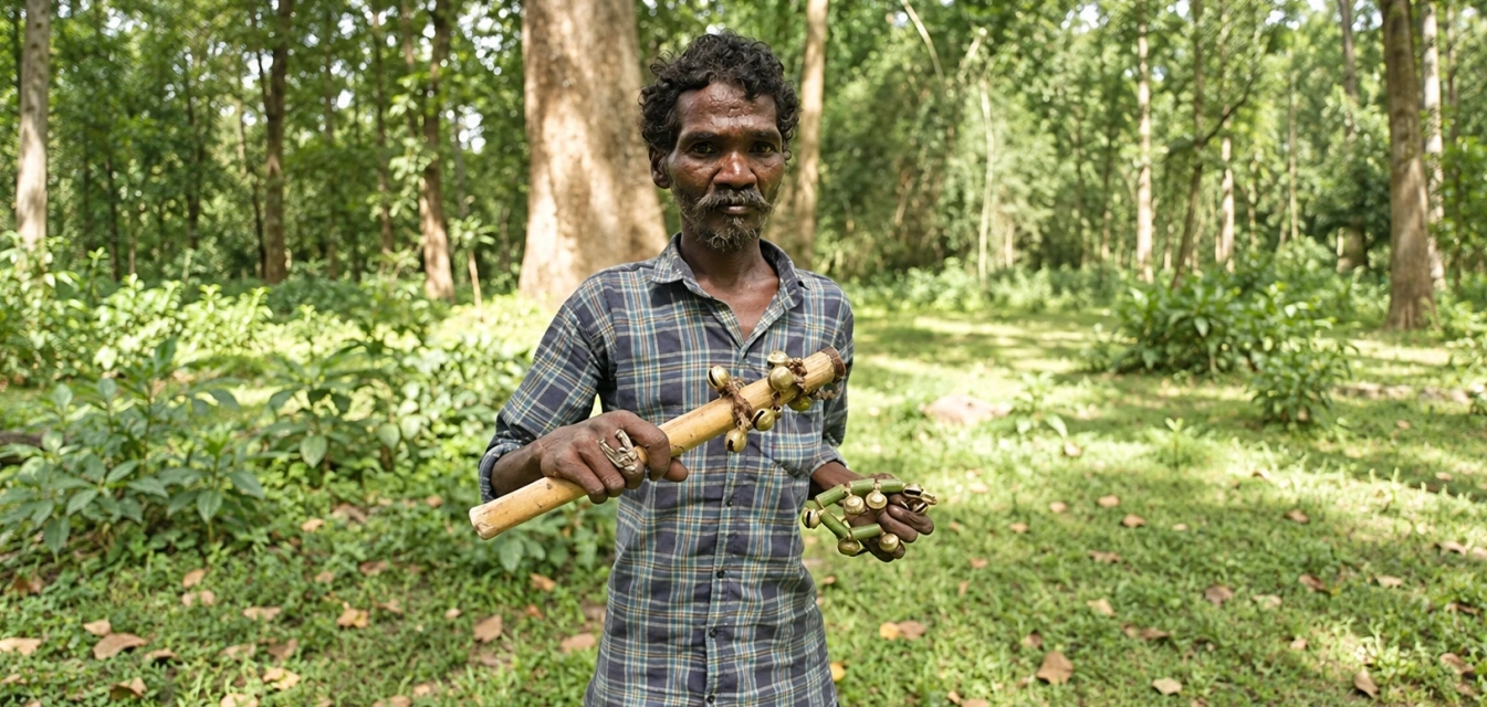 Tribal musician Bala with Jenu Kuruba music instruments kai gajje and kal gajje from Arpo&rsquo;s earlier documentation project.