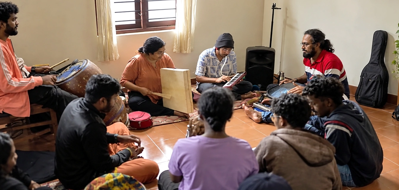 Charu Hariharan, percussionist, singer, composer and a mentor in a training session with the fellows. | Photo Credit: Courtesy Arpo