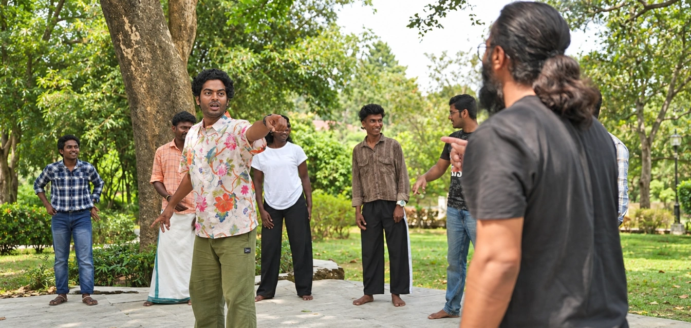Ajithlal Sivalal (left, in floral shirt), theatre practitioner and founder of Space of Act Theatre Collective, in a choreography session with the fellows.