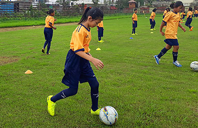 Young girls between the ages of 6 and 14 practise at the grassroots training centre set up by the Tata Trusts to train female footballers